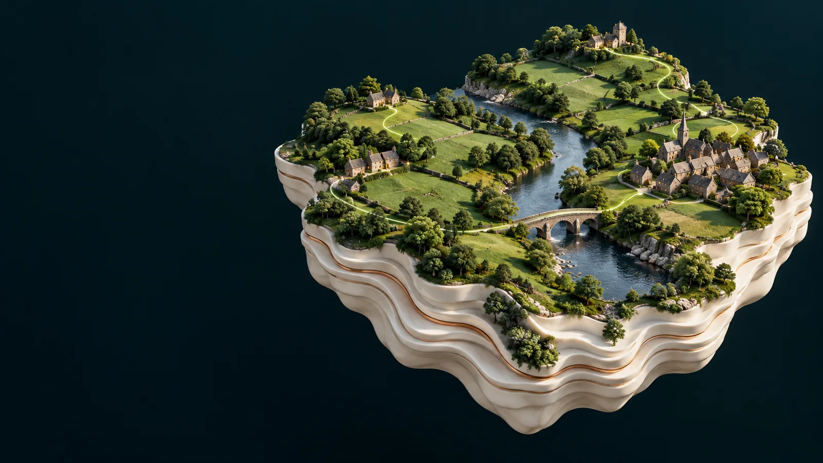 Illustration imaginaire d’un paysage de bocage, d’une rivière et d’un village sur un socle de porcelaine, reliés par des lignes lumineuses.