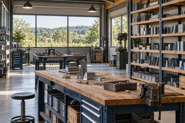 Atelier industriel imaginaire, généré par IA pour un scénario fictif d’intégration.