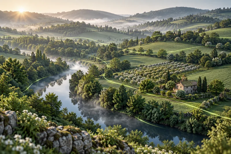 Illustration d’un paysage rural verdoyant, d’une rivière et d’un hébergement en pierre.